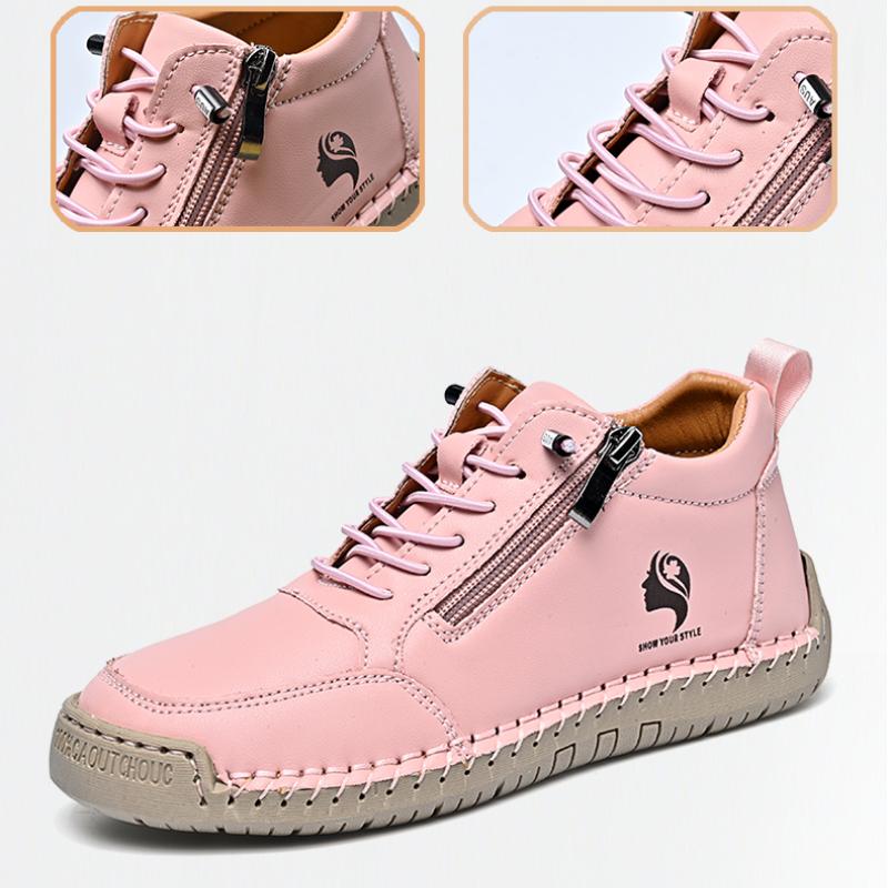 Women's Sneakers Round Toe Leather Shoes Fashion Casual Solid Color Zipper Boots