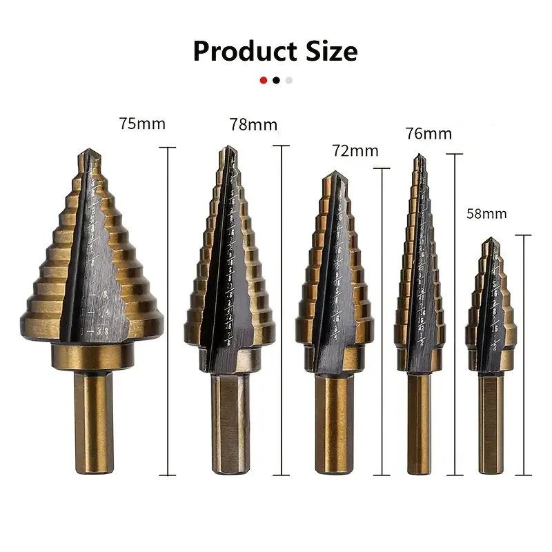 5-Piece Hole Expansion Pagoda Drill Bit Set for Steel Plate Punching with Yellow Triangle Ladder Drill In Aluminum Box.