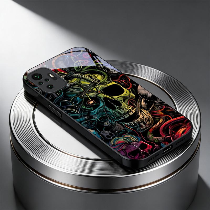 Neon Tech Skull Graffiti Black Glass Phone Case For Redmi Note 14 Pro+ 13 Pro 8 9 9S 12S 10 Pro 11 13C 14C A3 12 13 Black Cover