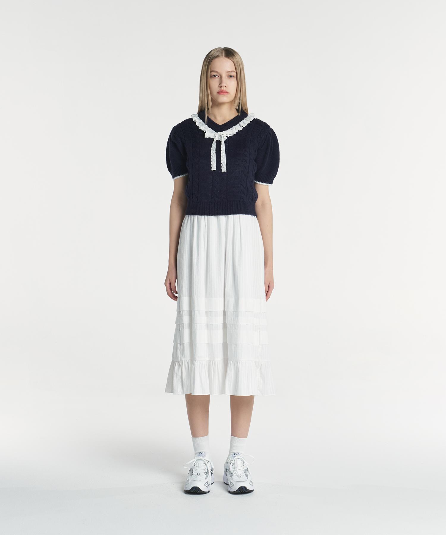 Margarine Fingers V Neck Frill Crop Knit (Navy)