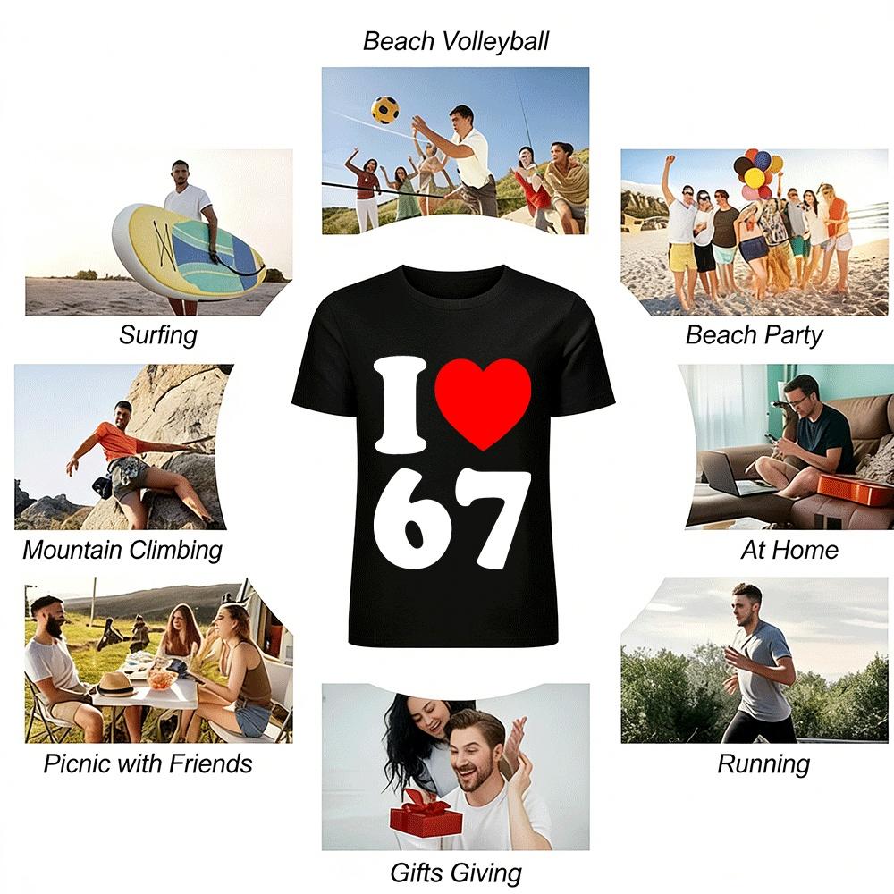 I Love Heart Print Casual Crew Neck T-Shirt Unisex Daily Wear Pure Cotton T-shirt