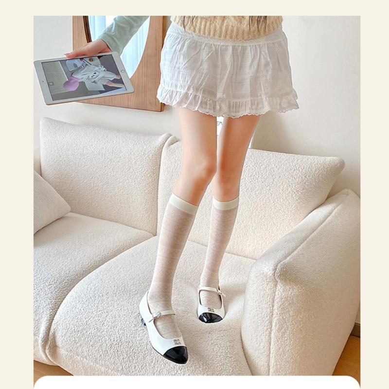 Women Elegant Thin Sheer Solid Color Silk Over Calf Socks Japanese Style Geometric Striped Pattern Knee Length Stockings