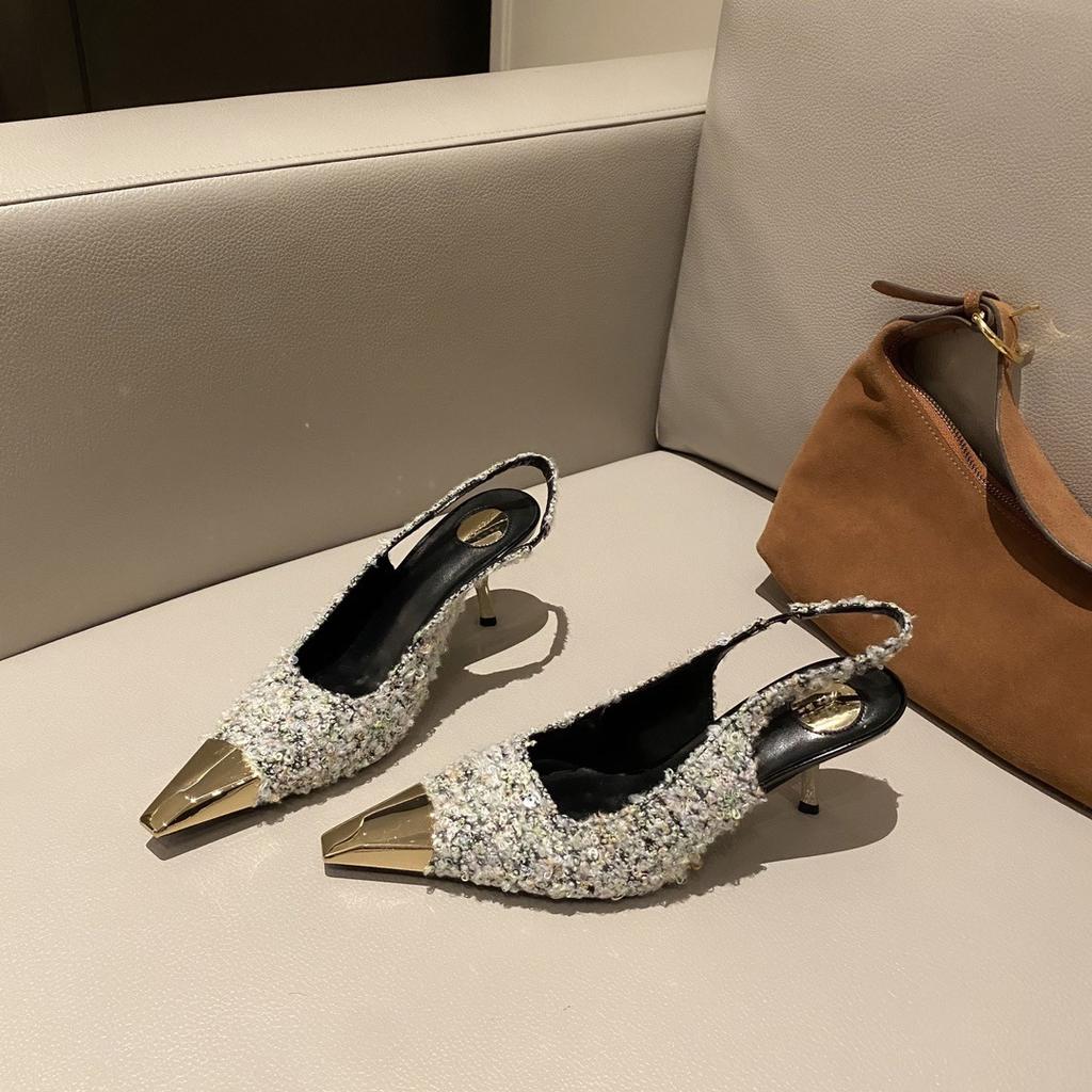 Sandali con Tacco Alto Slip-on Lusso Fiabesco Punta Metallica Appuntita Cinturino Posteriore Slingback Scarpe da Sera per Festa