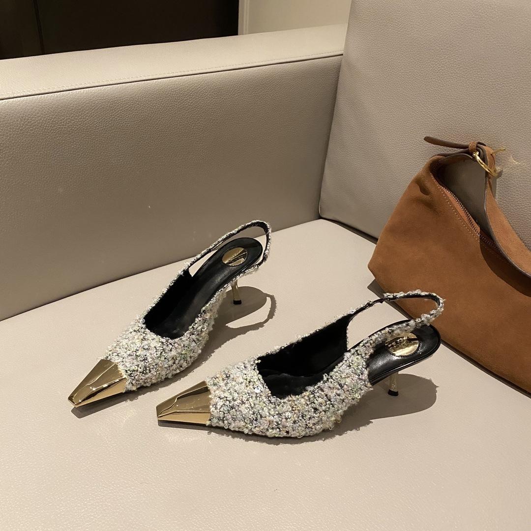 

Fashion Fairy Tale Luxury Evening Slip-on High Heel Sandals Sexy Metal Pointed Toe Back Strap Slingback Party Dress Shoes 35 синий