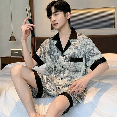 Modedesign Tinte Pyjamaanzug Herren Eis Seide Dünn Sommer Kurzarm Satin Hauskleidung Locker Schlafanzug Set Männlich