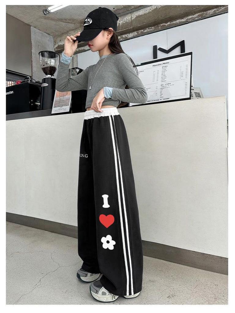 Girls' 2025 Autumn Fleece-Lined Wide-Leg Heart Sweatpants - Medium & Large Sizes