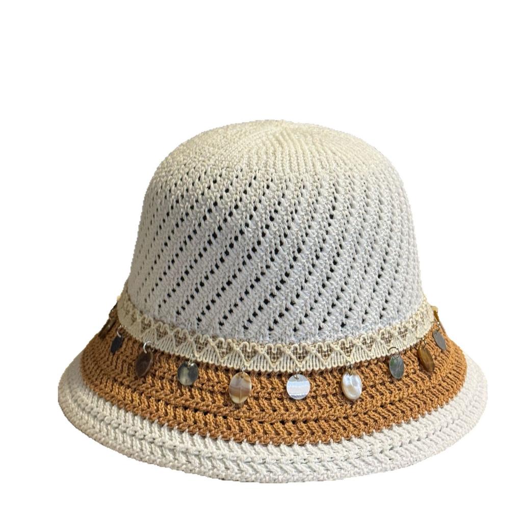New Spring/Summer Ethnic Style Shell Decorated Straw Fisherman Hat for Women, Large Brim Sun Protection Hat for Beach Vacation