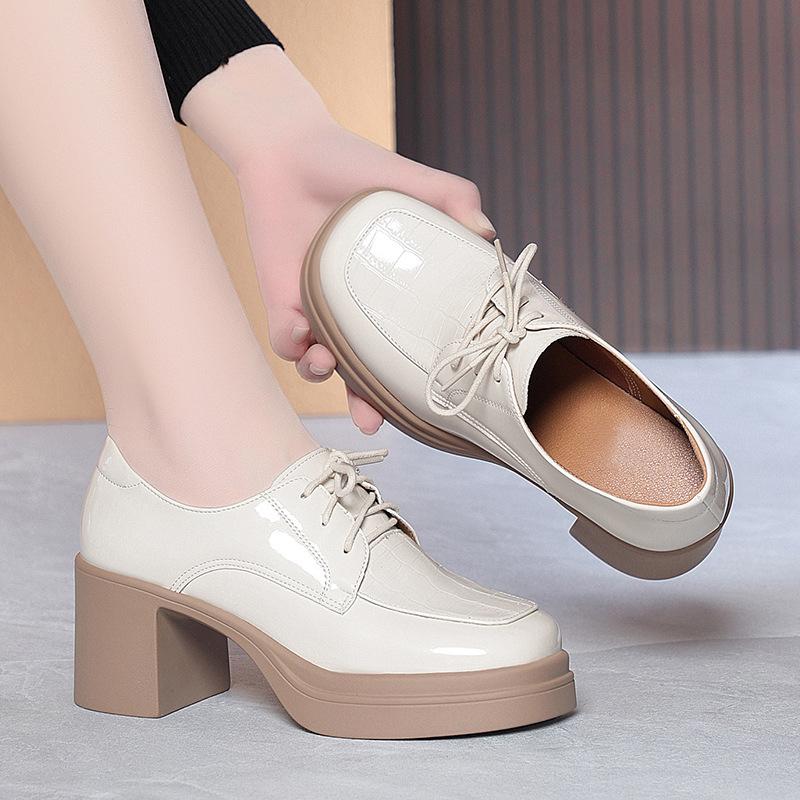 Veterschoenen, Leren Schoenen voor Lente en Herfst, Werkschoenen voor Dames, Dikke Hakken, Plateau Hoge Hakken