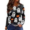 Women's Fashion Long Sleeve Neck Top with Hem Split and Halloween Print for Fall Daily Wear