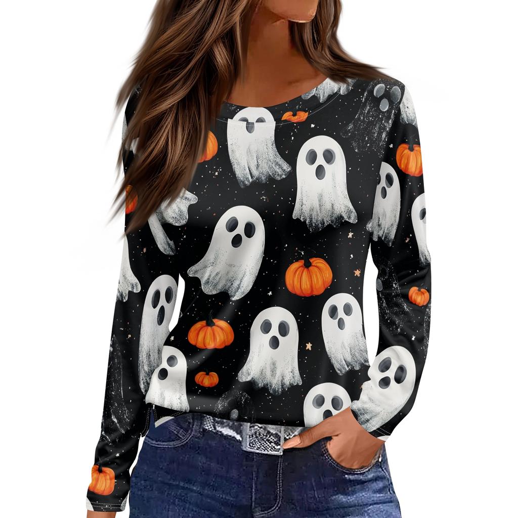 Women's Fashion Long Sleeve Neck Top with Hem Split and Halloween Print for Fall Daily Wear