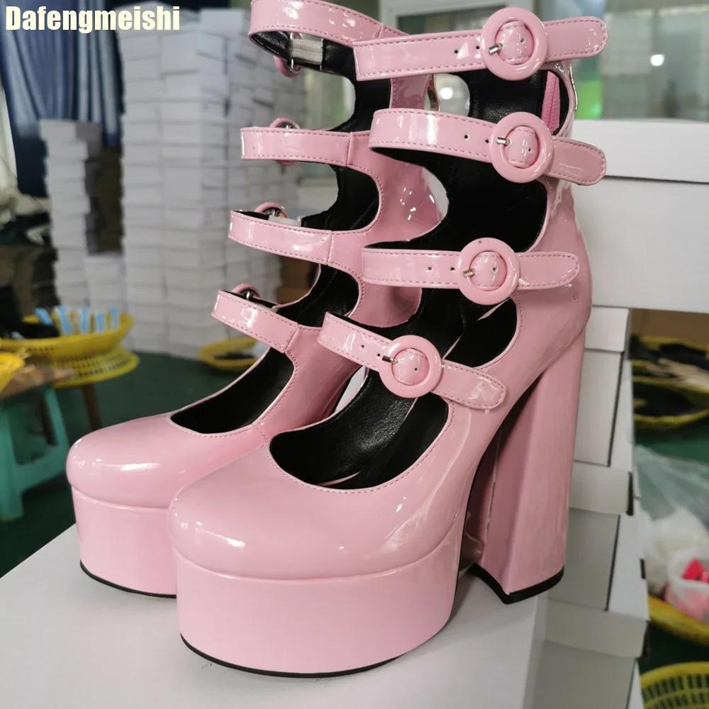 Fashion Lolita Cute Purple/pink Leather Buckle Sandals Hot Girl Thick Heel Large Size High Heels 2025 New Hollow Chunky Heel Sandals
