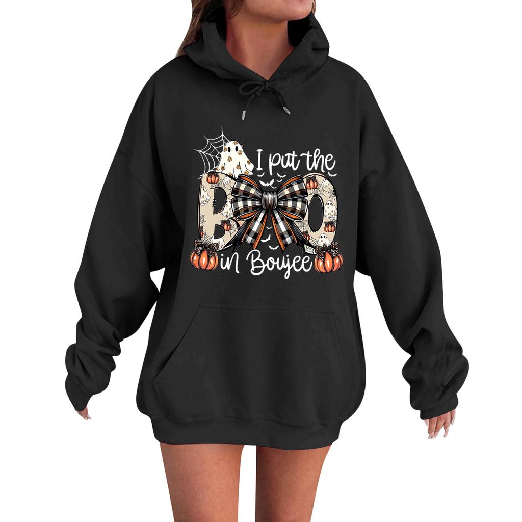 Women's Casual Fashion Comfortable Round Neck With Hood Long Sleeve Halloween Print Warm Sweatshirt