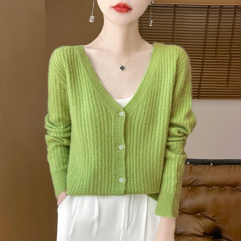 Niche V-neck twist knitted cardigan women's short jacket long-sleeved sweater loose and thin top