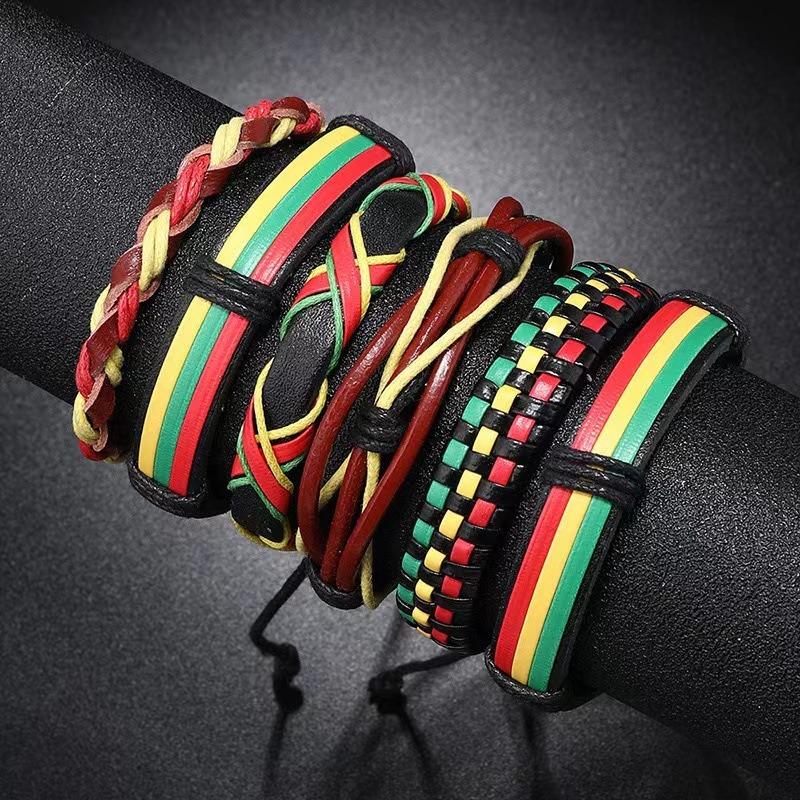 New 6-piece set TEMU hot-selling punk style red, green and yellow hand-woven leather bracelet men's bracelet