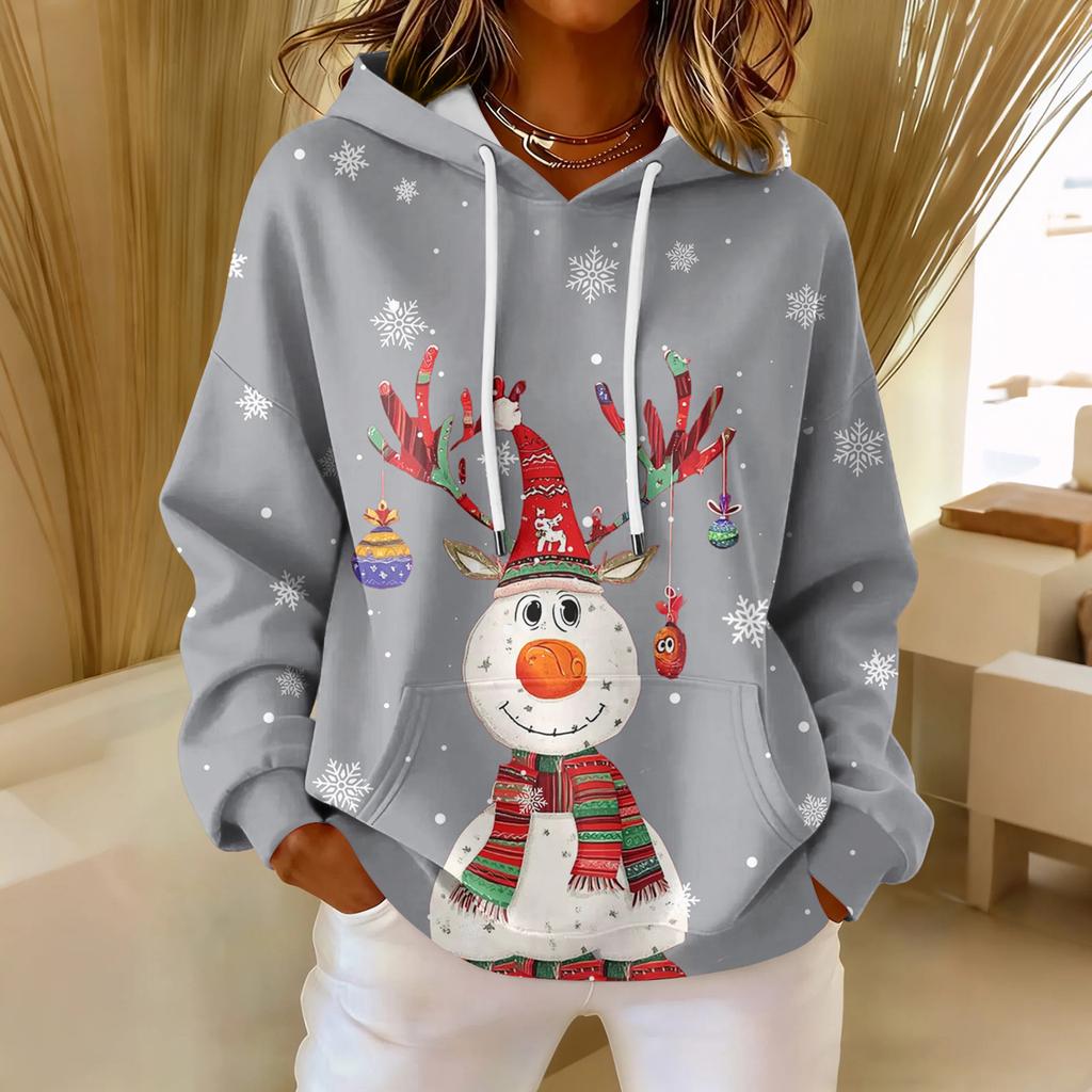 Women's Loose Comfortable Casual Fashion V-Neck Christmas Print Long Sleeve Hoodie