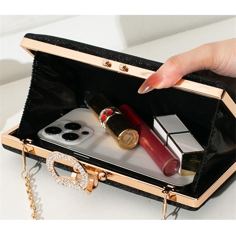 Elegant Solid Velvet Evening Clutch Rhinestone Decor Chain Handbag Luxury Formal Women Purse For Party Banquet