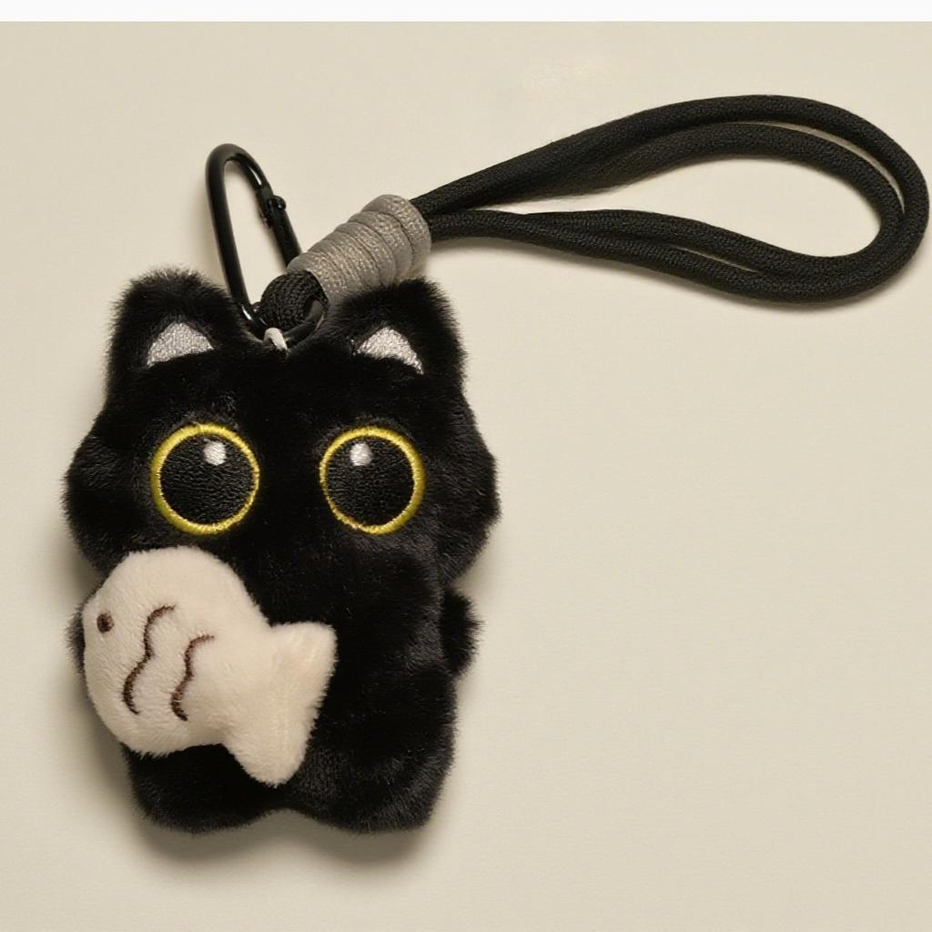 Black Cute Cat Catching Fish Plush Toy Doll Keychain Bag Pendant Charms Car Keyring Accessories For Women Couples Cute Kawaii Gift