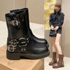 Fashion Retro Metal Buckle Decoration Western Cowboy Boots Women Square Toe Medium Heel Riding Boots Mid Calf Internal Elevation Shoes