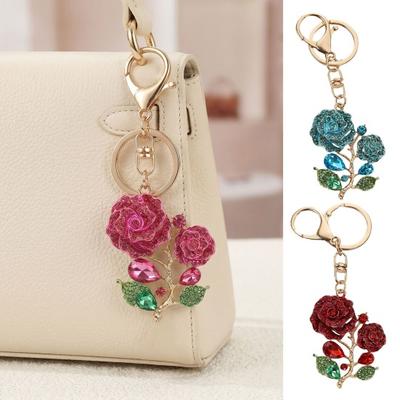 Bling Rose Keychain for Women Rhinestone Flower Keyring Accessory Sparkling Bag Charm for Purse Handbag