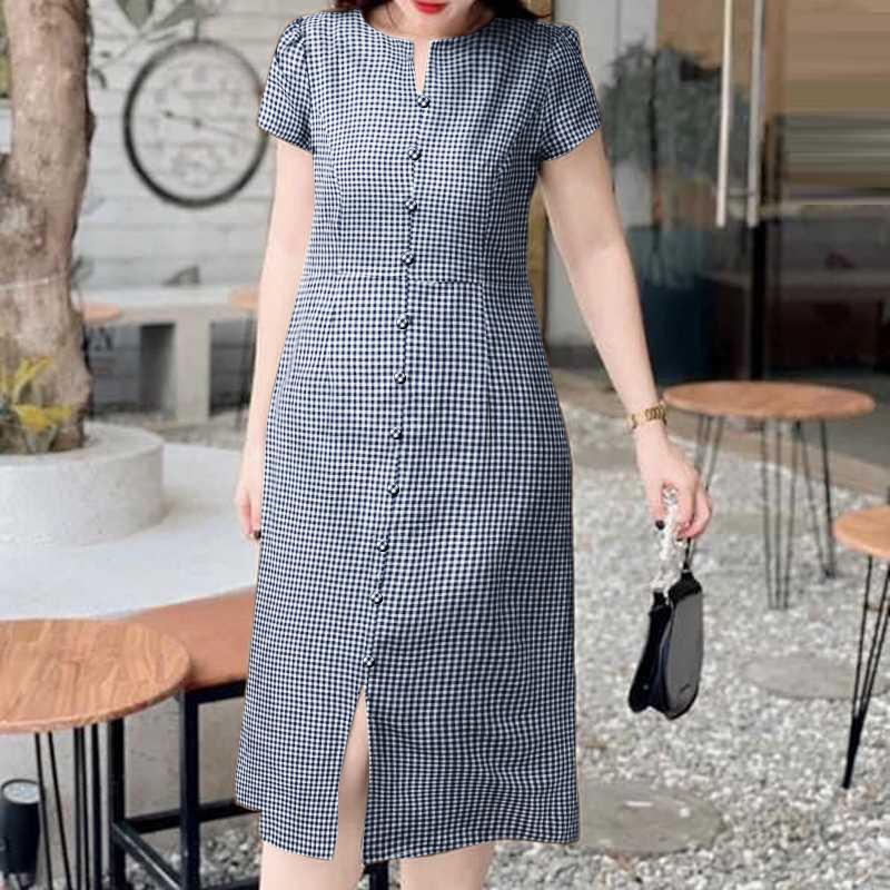 ZANZEA Women Casual Round Neck Summer Short Sleeve Grid Print Dress