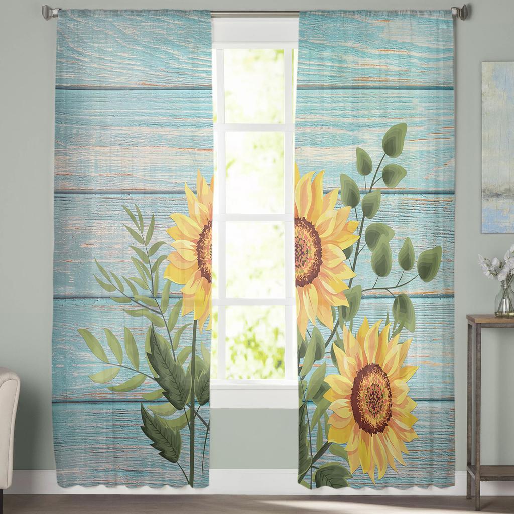 Sonnenblume Blau Holzbrett Vorhang Für Wohnzimmer Transparente Tüllvorhänge Fenster Durchsichtig Für Schlafzimmer Zubehör Dekor