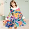 Girls White Fur Collar Long Sleeve Bow Black Gold Printed A Line Flared Dress