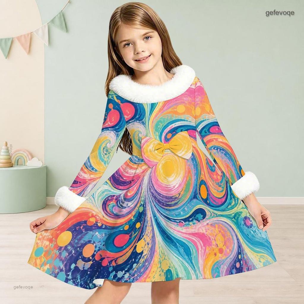 Girls White Fur Collar Long Sleeve Bow Black Gold Printed A Line Flared Dress