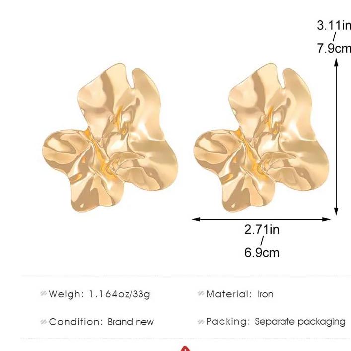 Vintage Metall unregelmäßige plissierte Ohrstecker für Frauen übertriebene goldene Farbe große geometrische Statement-Ohrringe Party-Schmuck