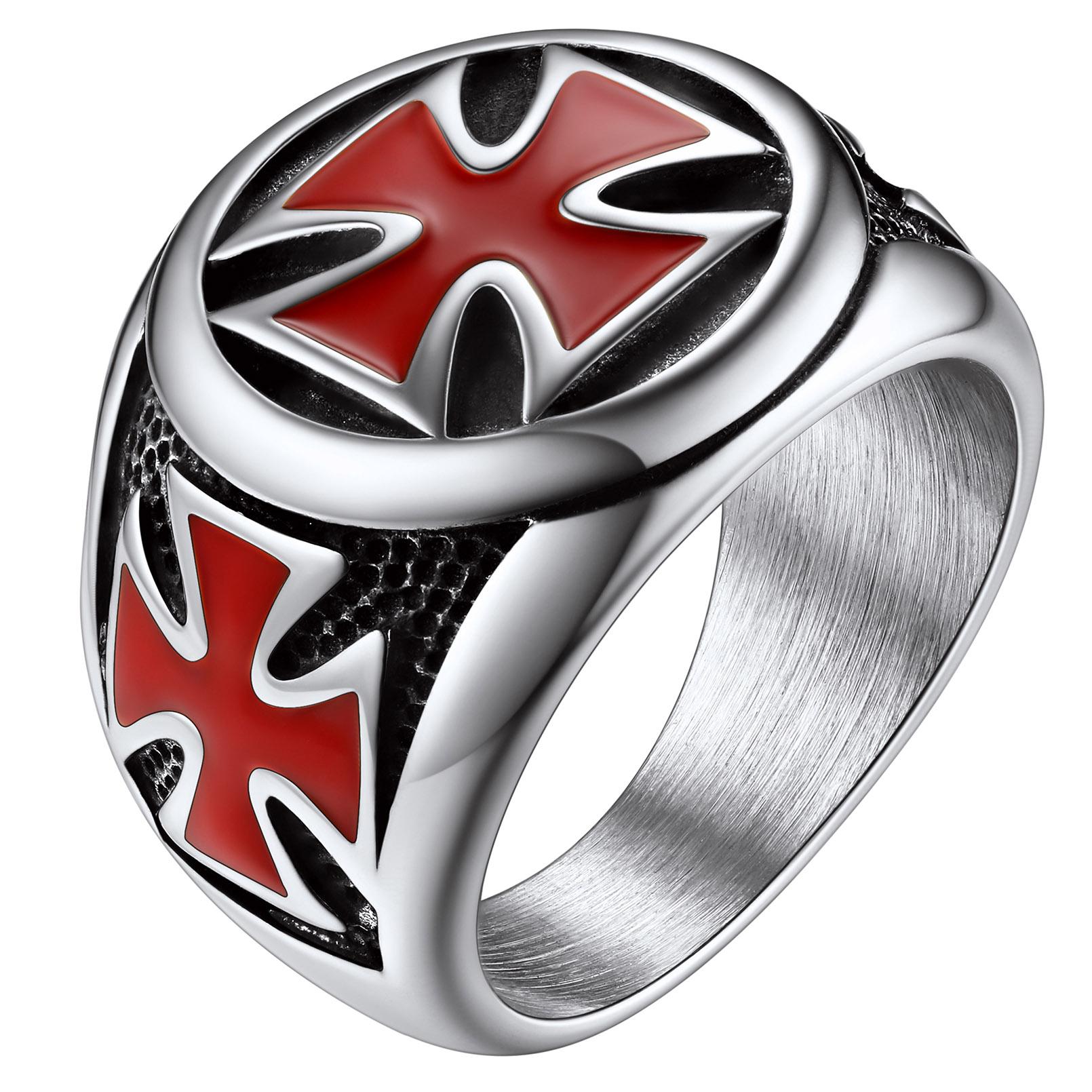 Edelstahl Runde Tempelritter Ringe Rote Glasur Kreuz Der Tempel Salomons Kreuz des Kreuzritters Mann Siegelring Schmuck Geschenk 7 gray