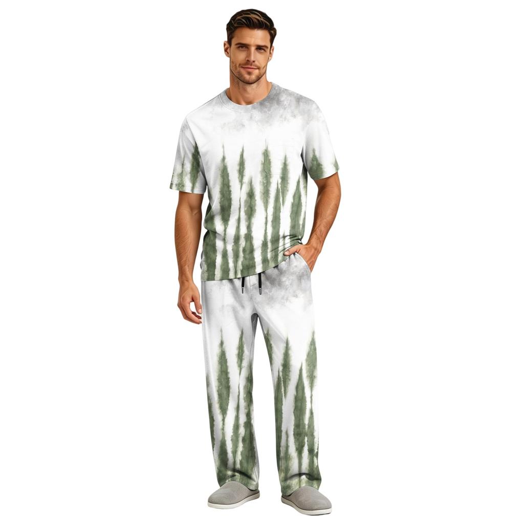 Men's Home Pajama Set, Short Sleeve Top and Long Pants with Button Fly and Drawstring Waist