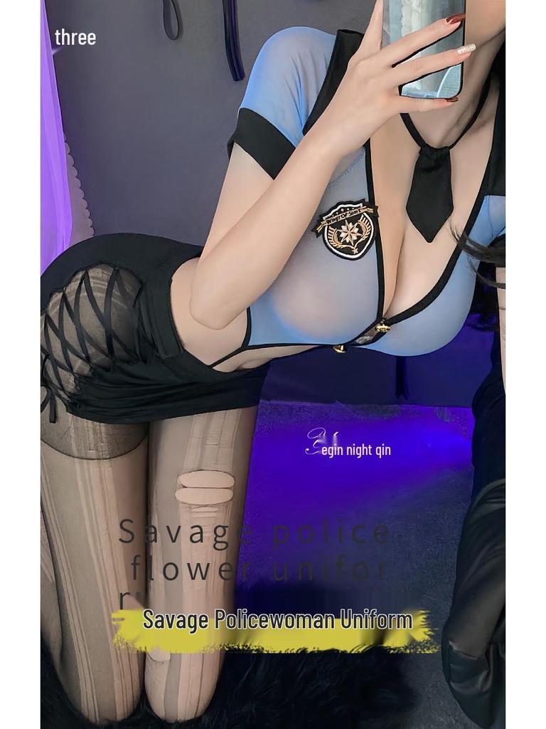 Night Piano Women's Sexy Police Uniform & Flight Attendant Lingerie Set - Cutout Bodysuit with Hip-Hugging Skirt, Style 7361.