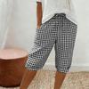 Women's Fashionable Plaid Printed Loose Drawstring Cotton Linen Casual Five Quarter Pants