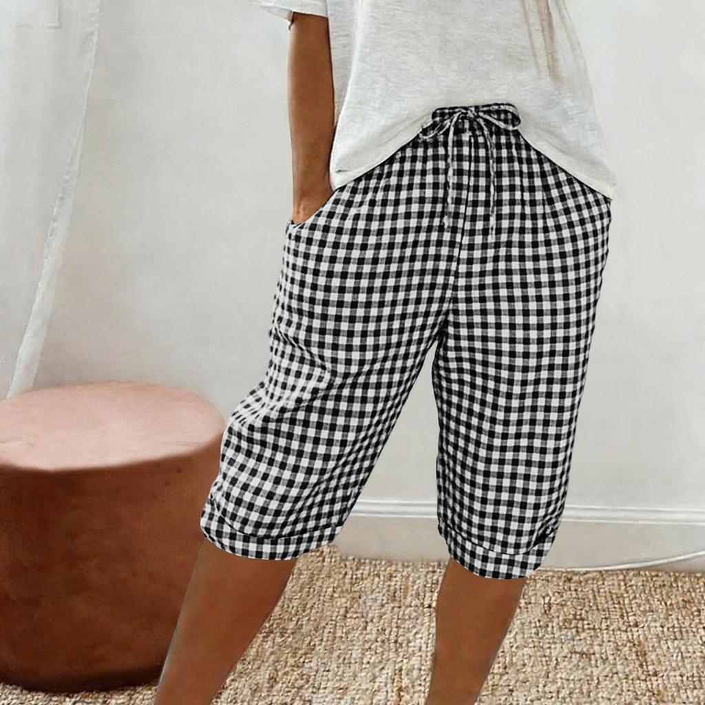 Women's Fashionable Plaid Printed Loose Drawstring Cotton Linen Casual Five Quarter Pants