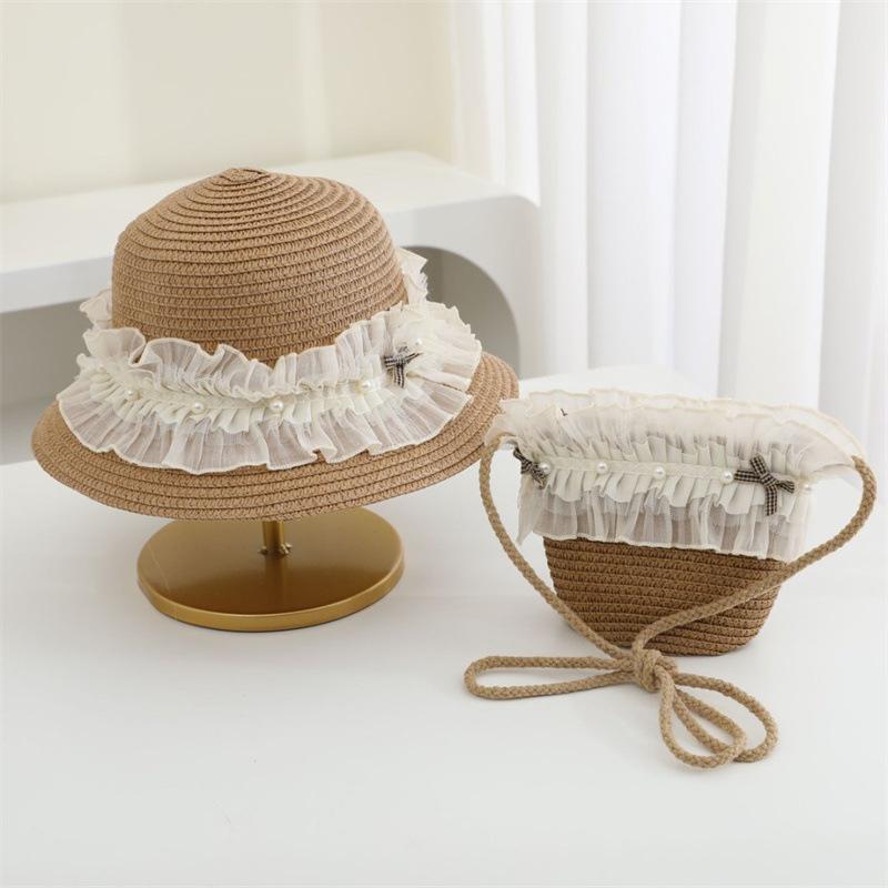 Girl'S Summer Straw Hat Lace Bow Breathable Sun Hats Kids Princess Party Holiday Beach Bucket Cap Ang Bag 2Pcs Set Panama Gorros