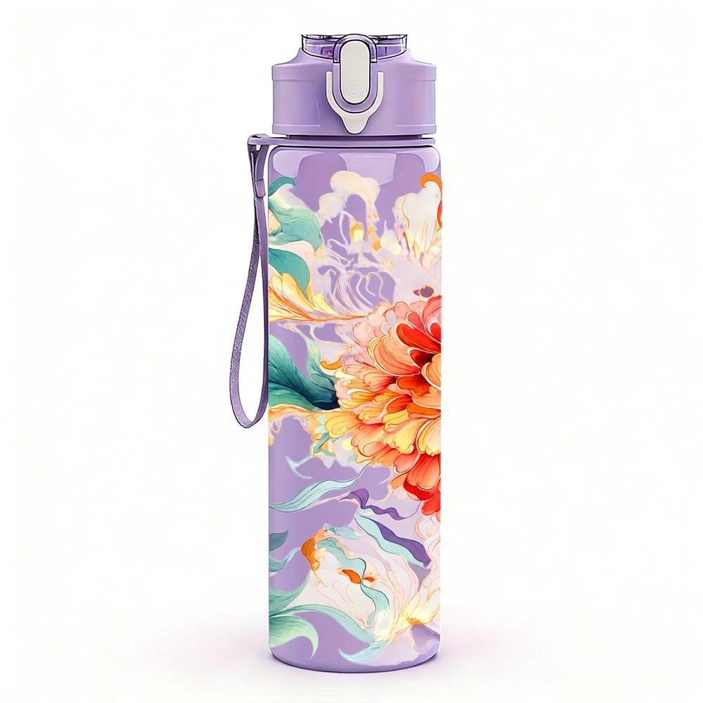 1PC Vintage Floral Bouquet 750ml Color Plastic Sports Water Bottle Leakproof Flip Straw Lid Suitable for Sports Office Home Use