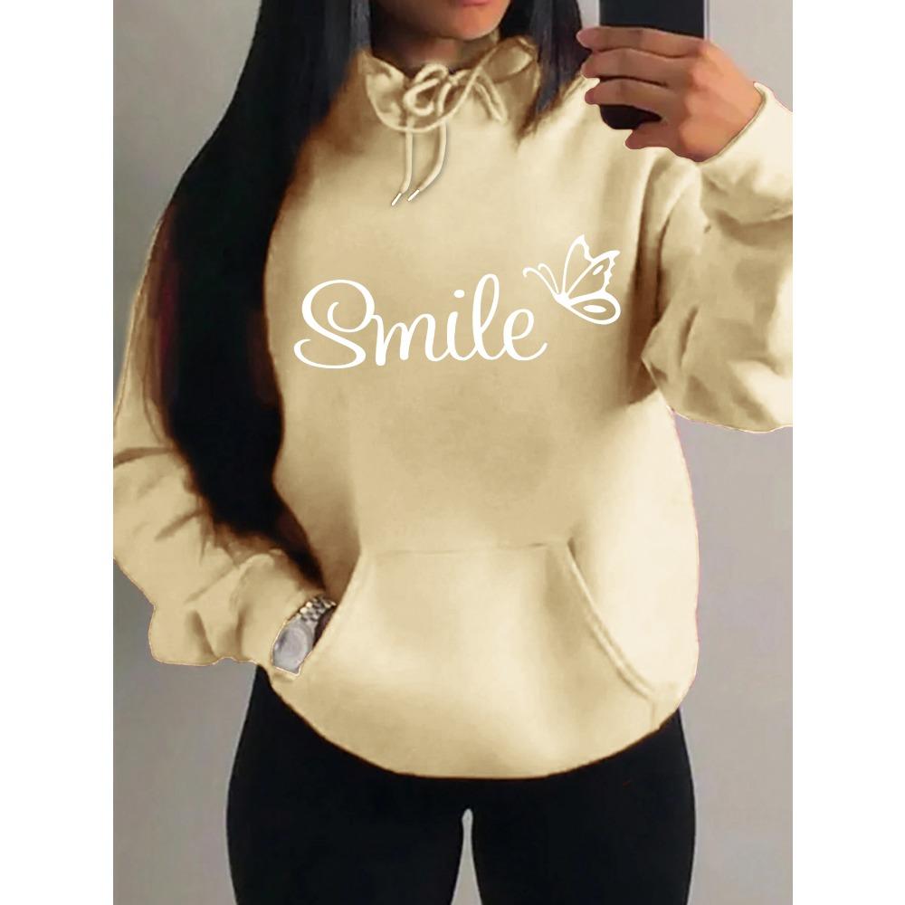 Smile Font Language Butterfly Pattern Hoody For Women Sport Pocket Clothing Cute Multicolor Streetwear Fashion Hoodies