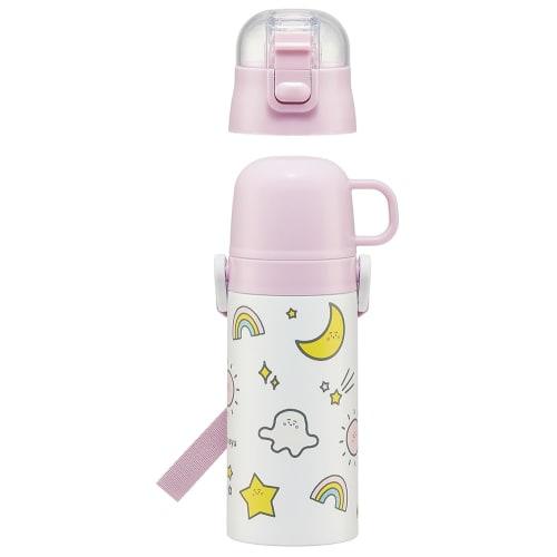 Skater Kids' Stainless Steel Water Bottle, 2-Way Design, Straw/410ml Capacity, Cup/350ml Capacity, Shinapushu Design, Child-Friendly, Lightweight, Ins