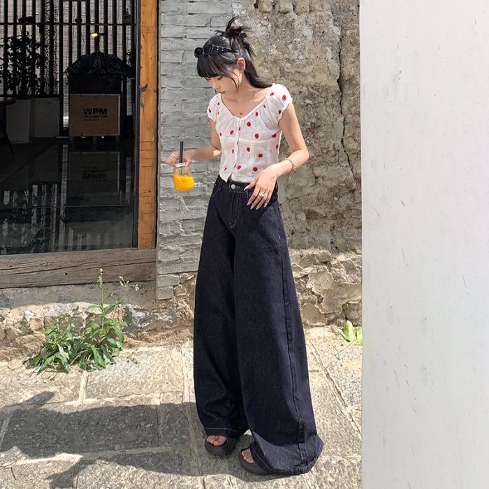 

YY&Retro Women s High Waist Wide-Leg Floor-Length Jeans - Breathable, Cool, Draping Fit Small