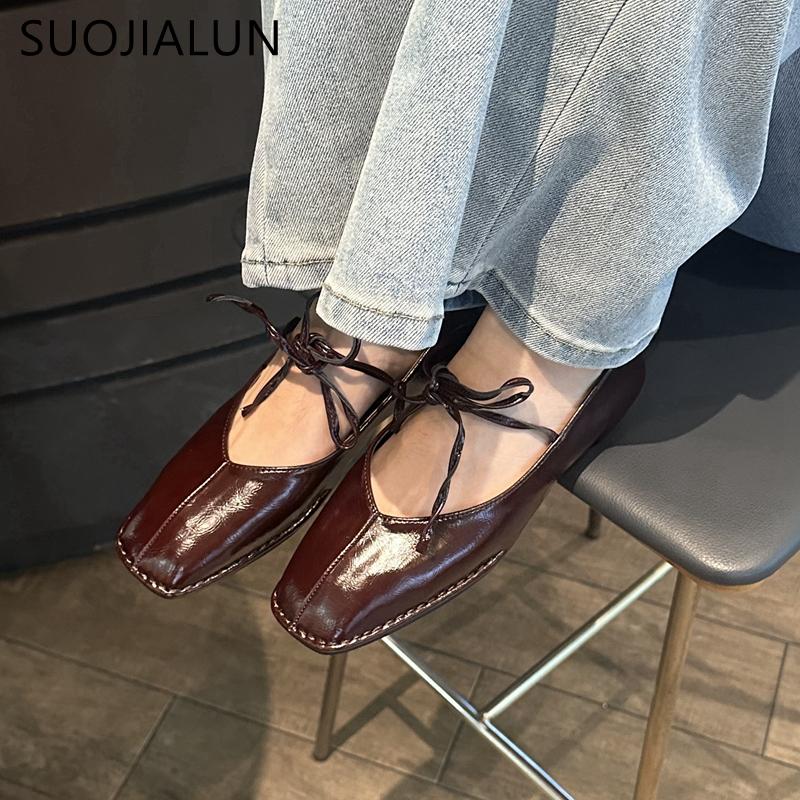 Fashion SUOJIALUN Big Size 35-41 Women Vintage Flats Shoes Leather Lace-Up Low Heels 2025 Shoes Classic Suqare Toe Casual Loafers