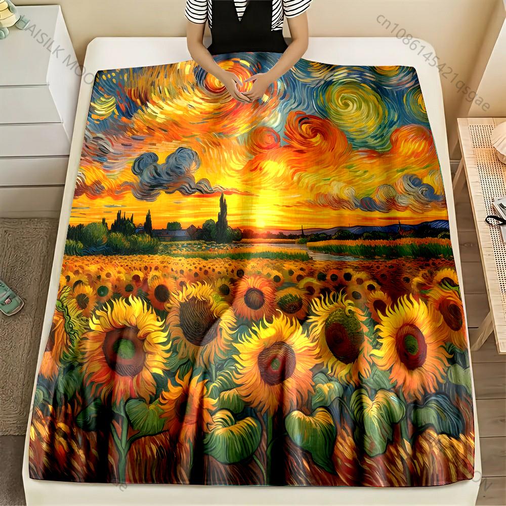 Mehrgrößen Van Gogh's Wirbelnde Sonnenblumen Muster Decke Flanell Material Weich Warm für Alle Jahreszeiten Zuhause Camping Picknicks Wohnmobil
