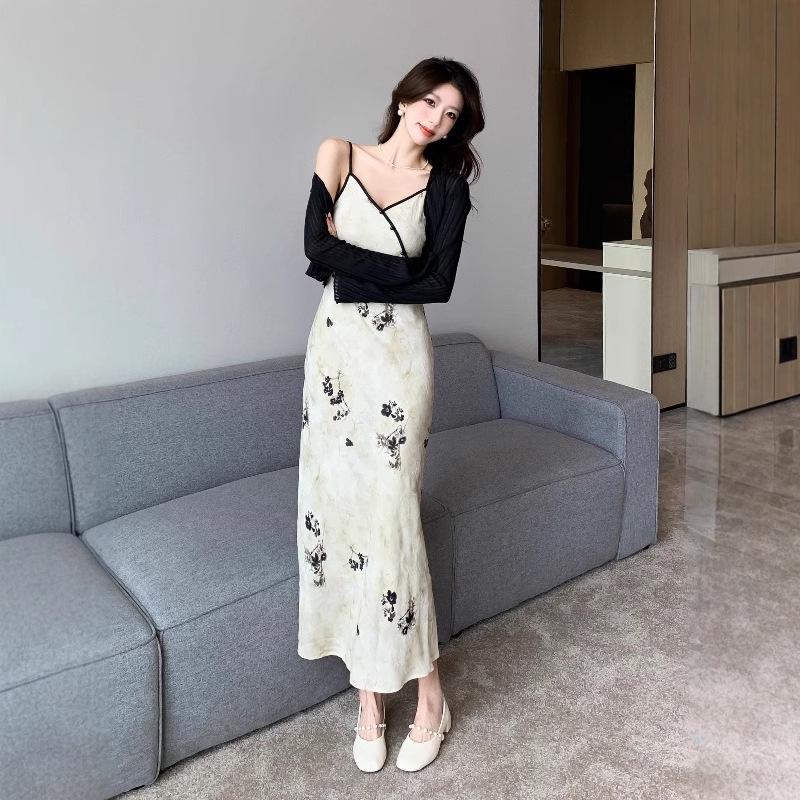 Authentic Chinese-Style Satin Camisole Dress: National Print, Bias Cut, High Waist, Slimming, Long-Tempered Fit