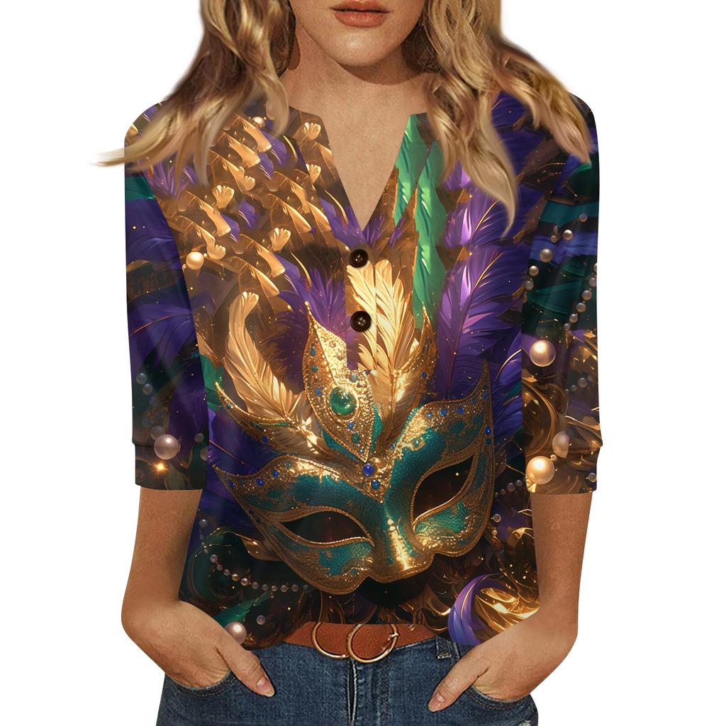 Women's Carnival Printed Fashionable Casual V-neck Button Seven Inch Sleeve T-shirt Top
