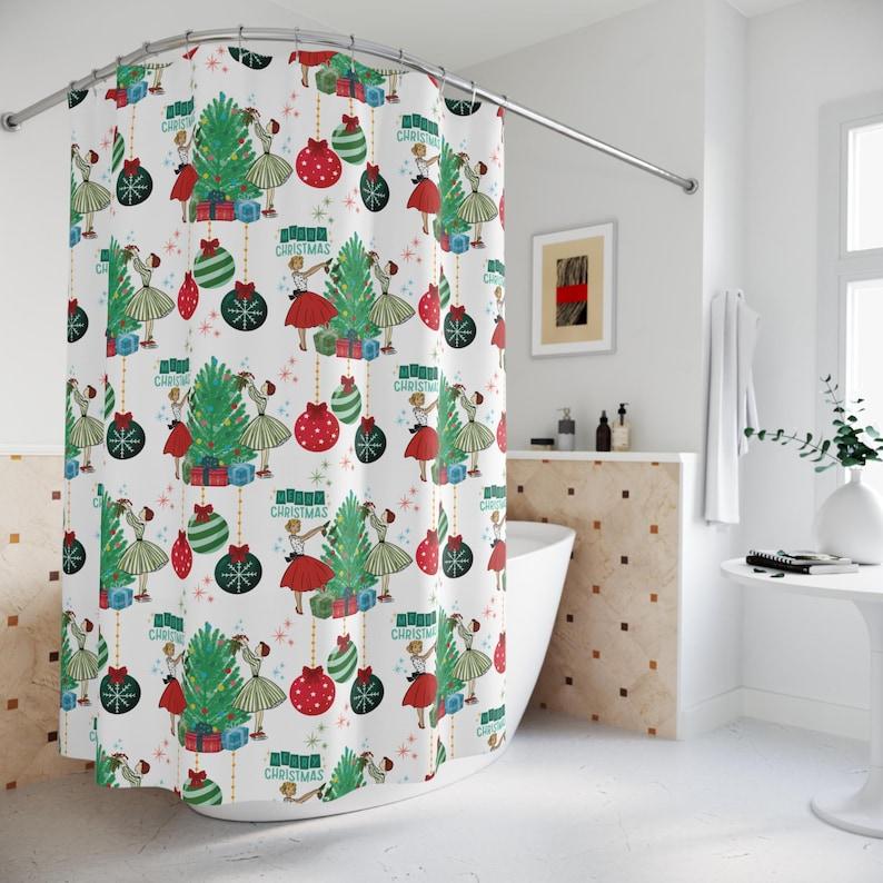 

Retro Christmas Shower Curtain With Vintage Holiday Patterns, Festive Bathroom Decor Set For Cozy Winter Atmosphere Protection W60H190(CM)-1 Pcs
