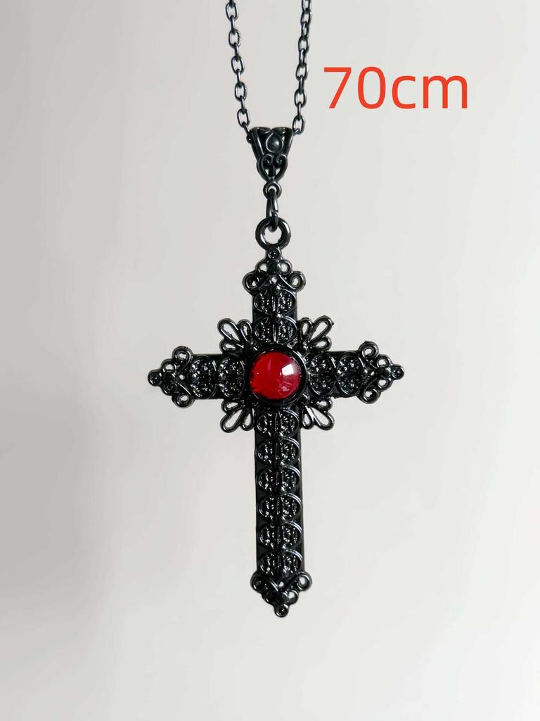 Collana Ciondolo Croce Grande Nera Cristalli Rossi Intarsio Stile Celtico Vittoriano per Uomini Donne Gotico Punk Gioielli per Festa di Halloween
