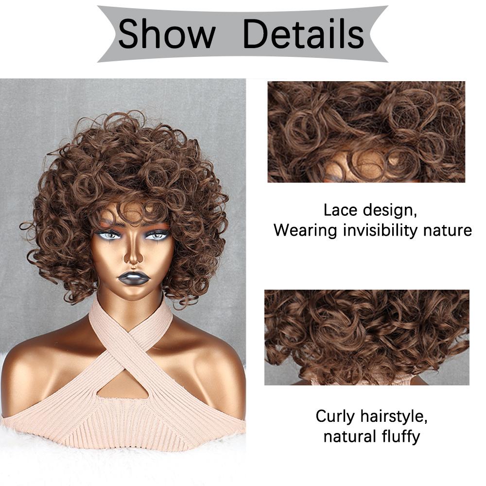 MISS WIG Braune, gemischte, goldene, kurze, lockige Perücke, afrikanische Locken, große Rollenperücke für Damen, tägliches Cosplay, synthetische Hochtemperaturfaserperücke