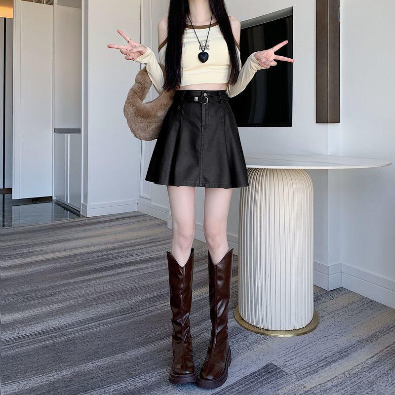 2025 A/W High-Waisted PU Leather Pleated Skirt with Belt – Versatile, Anti-Exposure, Slimming Short Skirt