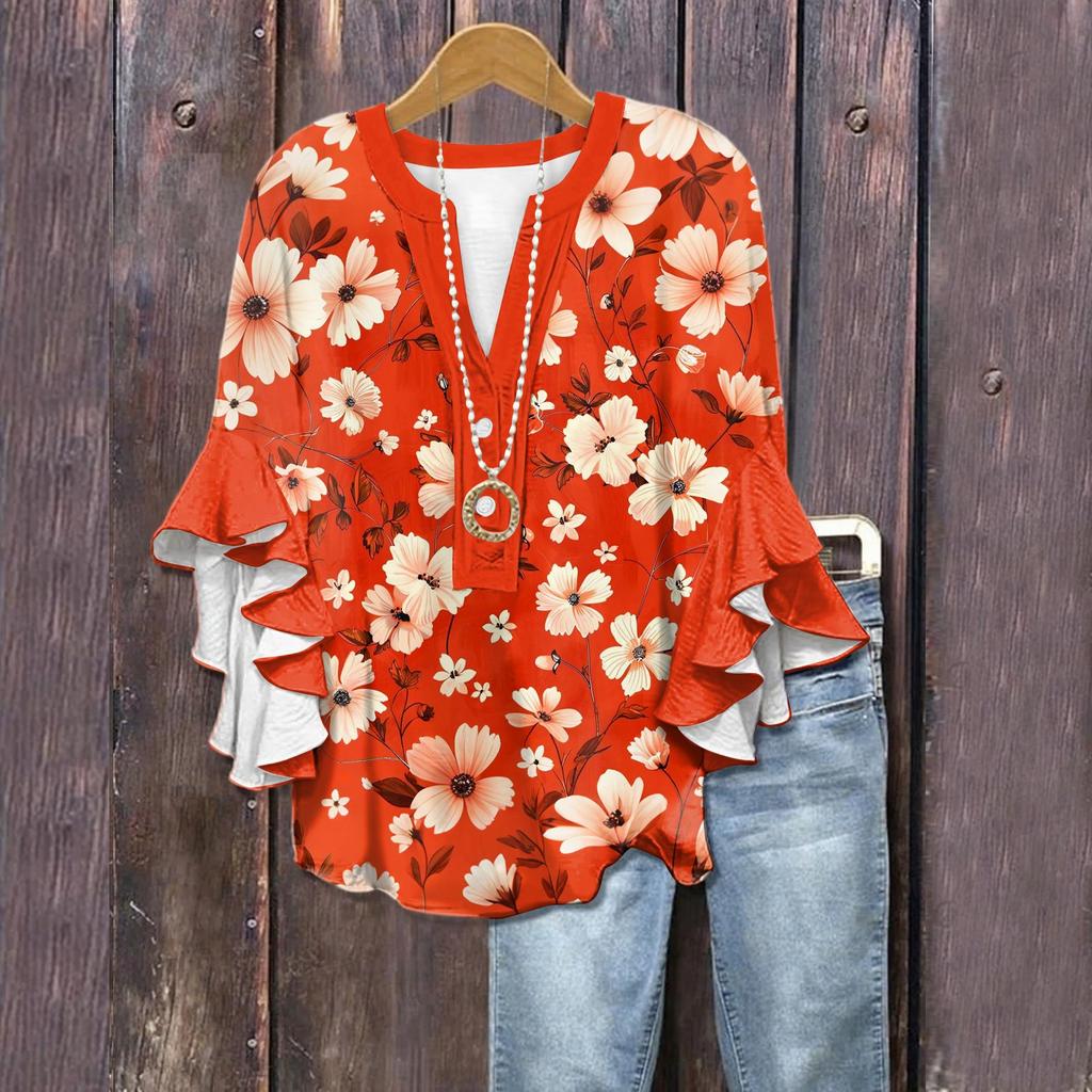 Summer Tops For Women Cute V Neck 3/4 Sleeve Blouses Floral Print Top Casual Shirts
