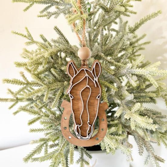 Wooden Hanging Horse Head Decoration Farmhouse Rustic Horse Horseshoe Christmas Tree Hanging Ornament Pendant