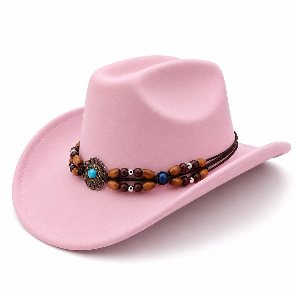 Hot-selling new western cowboy hat Tibetan wood bead accessories hat solid color suede one-word cowboy hat