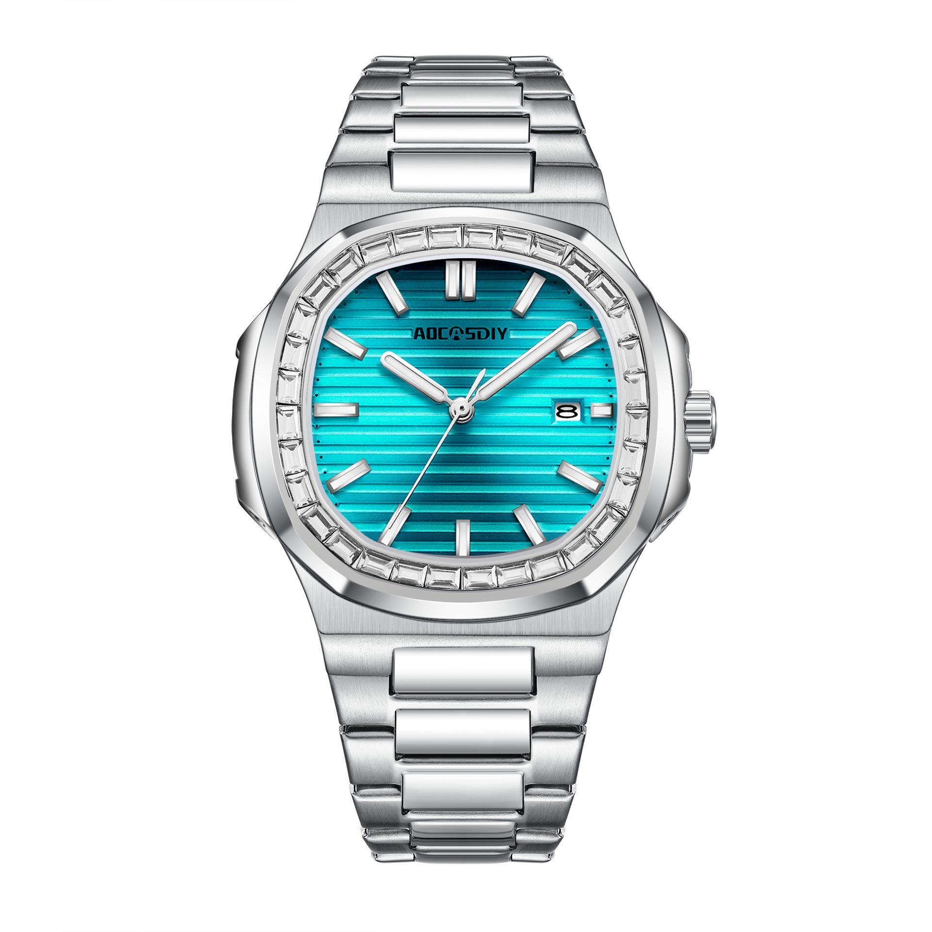 

Мужские модные кварцевые часы с бриллиантовым свечением 2024: Водонепроницаемый стальной браслет озеро синий